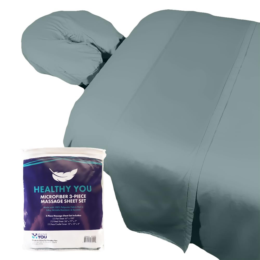 Healthy You Microfiber Massage Spa Table Sheets 3pc Set - Wrinkle-Resistant, Includes Flat, Fitted Sheet and Massage Face Rest Cover (Ocean)