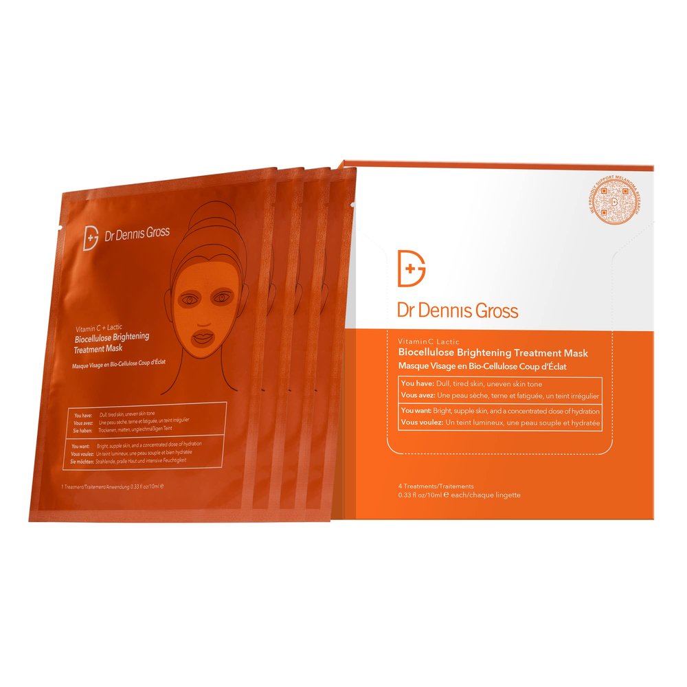 Dr Dennis Gross Vitamin C Lactic Biocellulose Brightening Treatment Mask, Revive Dry, Visibly Damaged Skin, 4 Pack