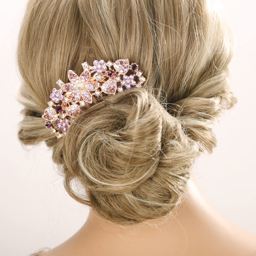 Missgrace Boho Shiny Flower Floral Hair Combs Blue Pink Purple Bridal Wedding Crystal Rhinestones Women Side Combs Hair Accessories for Women