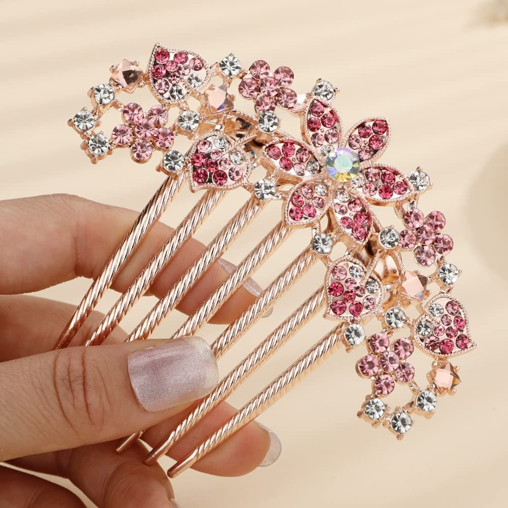 Missgrace Boho Shiny Flower Floral Hair Combs Blue Pink Purple Bridal Wedding Crystal Rhinestones Women Side Combs Accessories for Women