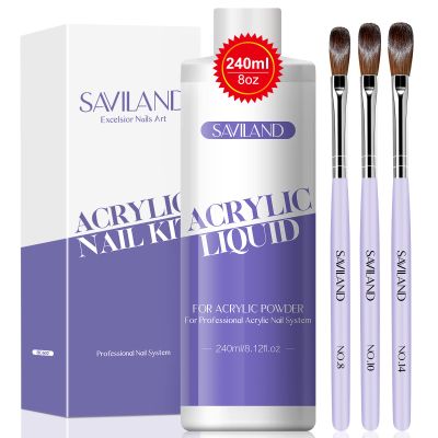 SAVILAND Monomer Acrylic Nail Liquid  8.11fl.oz Acrylic Liquid with 3PCS Brushes Size8/10/14) Non-Yellowing Monomer for DIY Home Nail Salon Use