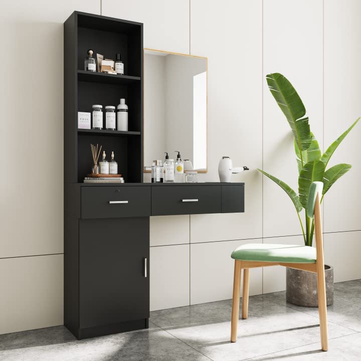 Yoluckea Barber Station Salon Stations for Hair Stylist, Wooden Hair Styling Beauty Salon Spa Equipment Makeup Vanity Dressing Table with Appliance Holders, Lockable Drawer, Large Storage Space(Black)