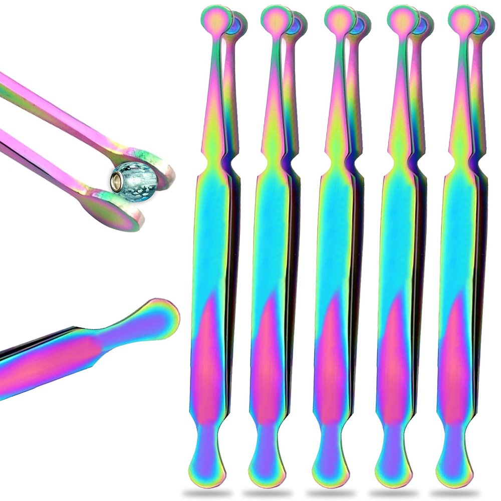 AAProTools Multi Rainbow Color Set Of 5 Stainless Steel 'Bead/Ball Holding Tweezers' Ball Holder Piercing Tool Captive Bead Ball Grabber