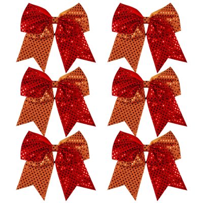 8 Inch 2 Color Cheer Bows Cheerleader Ponytail Holder with Bling Fling Sequin Hair Tie Cheerleading Bows 6 Pcs (Orange/Red)