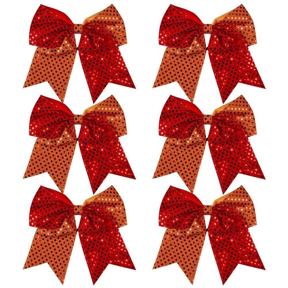 8 Inch 2 Color Cheer Bows Cheerleader Ponytail Holder with Bling Fling Sequin Hair Tie Cheerleading Bows 6 Pcs (Orange/Red)