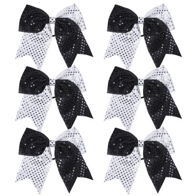 8 Inch 2 Color Cheer Bows Cheerleader Ponytail Holder with Bling Fling Sequin Hair Tie Cheerleading Bows 6 Pcs (Black/Silver)