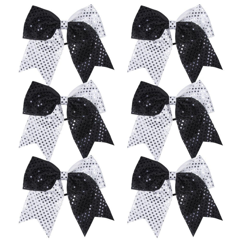 8 Inch 2 Color Cheer Bows Cheerleader Ponytail Holder with Bling Fling Sequin Hair Tie Cheerleading Bows 6 Pcs (Black/Silver)