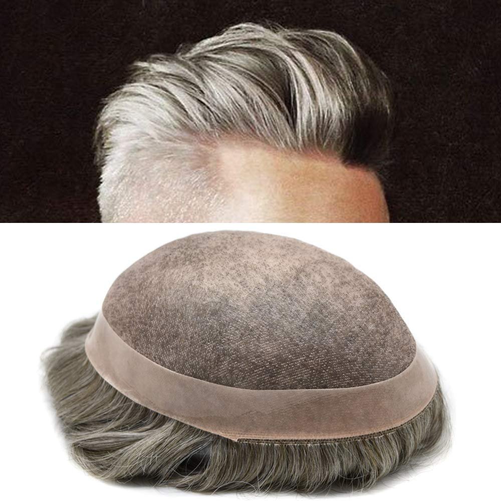 LYRICAL HAIR Toupee for Men Human Hairpiece Fine Mono Lace Hair System Durable PU Poly Skin Monofilament Wig Black Brown Replacement (8"x10", 430# - 4# Medium Brown+30% Gray)