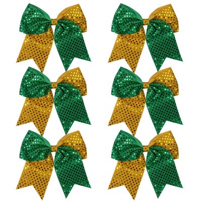 8 Inch 2 Color Cheer Bows Cheerleader Ponytail Holder with Bling Fling Sequin Hair Tie Cheerleading Bows 6 Pcs (Green/Gold)