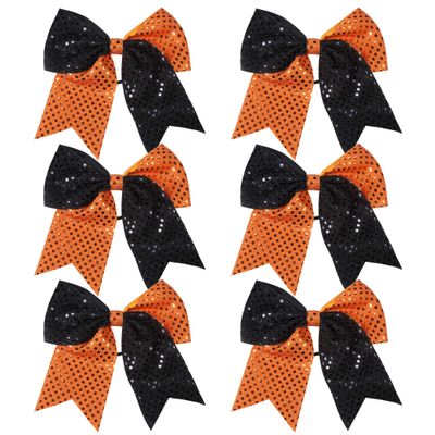 8 Inch 2 Color Cheer Bows Cheerleader Ponytail Holder with Bling Fling Sequin Hair Tie Cheerleading Bows 6 Pcs (Orange/Black)
