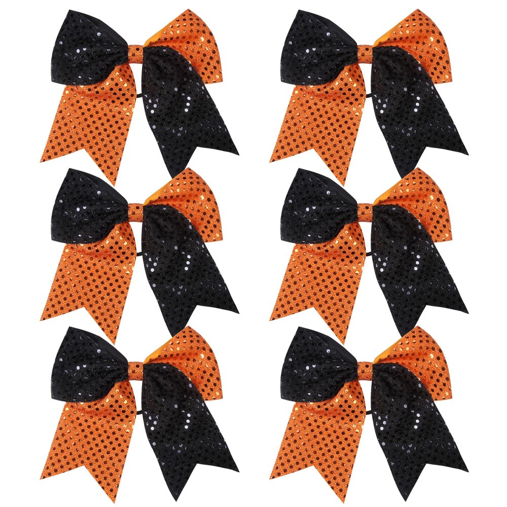 8 Inch 2 Color Cheer Bows Cheerleader Ponytail Holder with Bling Fling Sequin Hair Tie Cheerleading Bows 6 Pcs (Orange/Black)