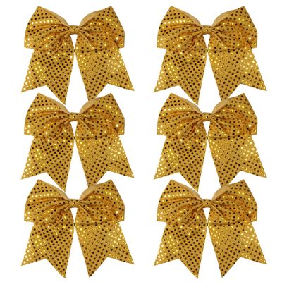 8 Inch Cheer Bows Cheerleader Ponytail Holder with Bling Fling Sequin Hair Tie Cheerleading Bows 6 Pcs (Gold)