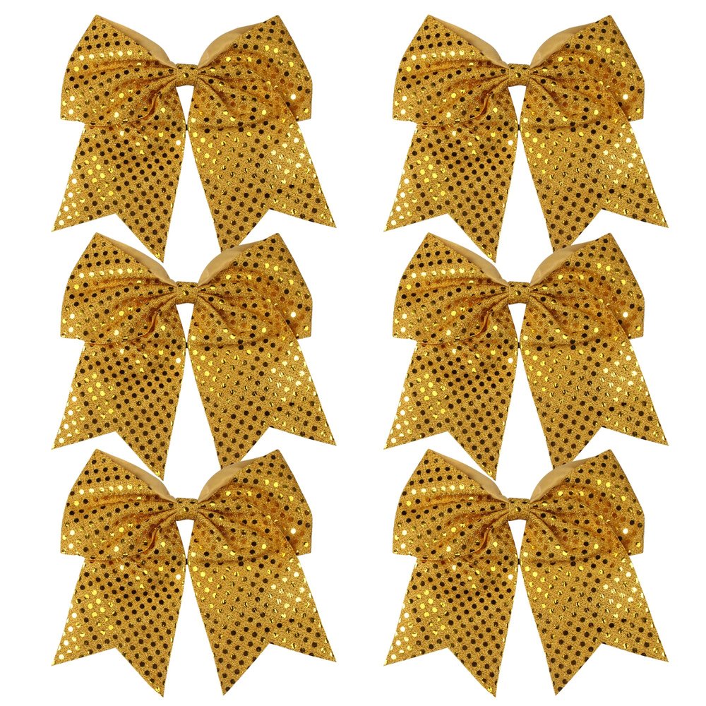 8 Inch Cheer Bows Cheerleader Ponytail Holder with Bling Fling Sequin Hair Tie Cheerleading Bows 6 Pcs (Gold)