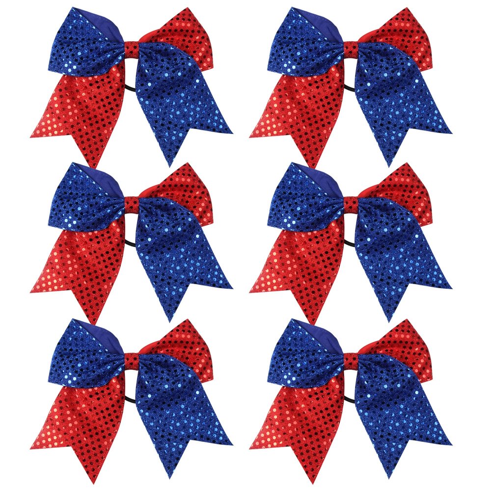 8 Inch 2 Color Cheer Bows Cheerleader Ponytail Holder with Bling Fling Sequin Hair Tie Cheerleading Bows 6 Pcs (Red/Royal Blue)