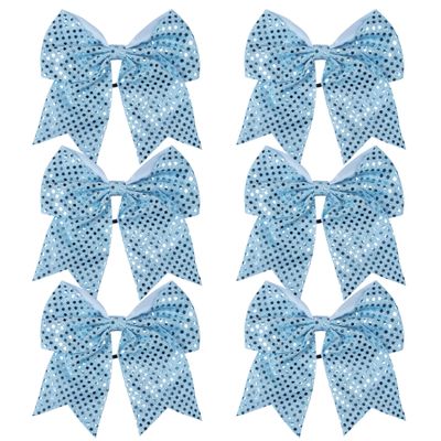 8 Inch Cheer Bows Cheerleader Ponytail Holder with Bling Fling Sequin Hair Tie Cheerleading Bows 6 Pcs (Light Blue)