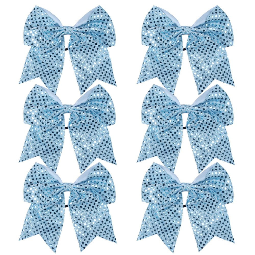 8 Inch Cheer Bows Cheerleader Ponytail Holder with Bling Fling Sequin Hair Tie Cheerleading Bows 6 Pcs (Light Blue)