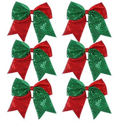 8 Inch 2 Color Cheer Bows Cheerleader Ponytail Holder with Bling Fling Sequin Hair Tie Cheerleading Bows 6 Pcs (Red/Green)