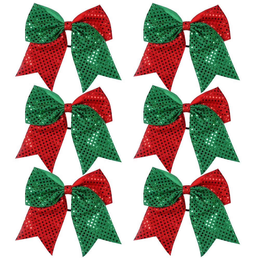 8 Inch 2 Color Cheer Bows Cheerleader Ponytail Holder with Bling Fling Sequin Hair Tie Cheerleading Bows 6 Pcs (Red/Green)