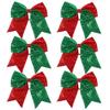 8 Inch 2 Color Cheer Bows Cheerleader Ponytail Holder with Bling Fling Sequin Hair Tie Cheerleading Bows 6 Pcs (Red/Green) view 1