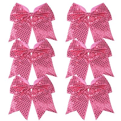 8 Inch Cheer Bows Cheerleader Ponytail Holder with Bling Fling Sequin Hair Tie Cheerleading Bows 6 Pcs (Hot Pink)