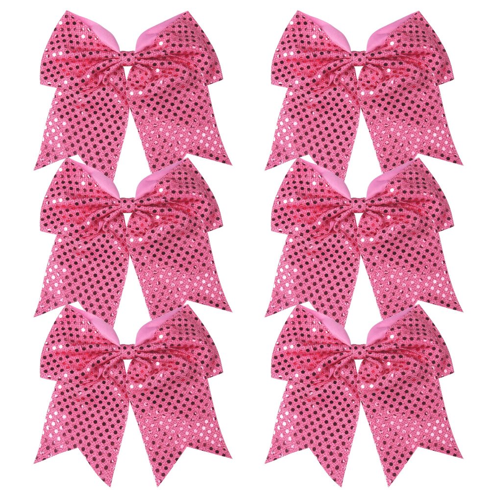 8 Inch Cheer Bows Cheerleader Ponytail Holder with Bling Fling Sequin Hair Tie Cheerleading Bows 6 Pcs (Hot Pink)