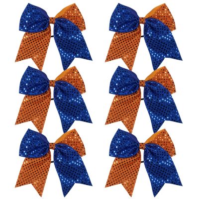 8 Inch 2 Color Cheer Bows Cheerleader Ponytail Holder with Bling Fling Sequin Hair Tie Cheerleading Bows 6 Pcs (Orange/Royal Blue)
