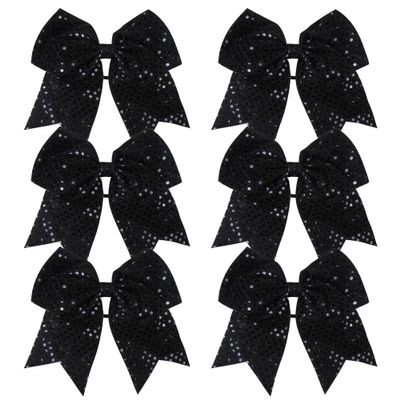8 Inch Cheer Bows Cheerleader Ponytail Holder with Bling Fling Sequin Hair Tie Cheerleading Bows 6 Pcs (Black)