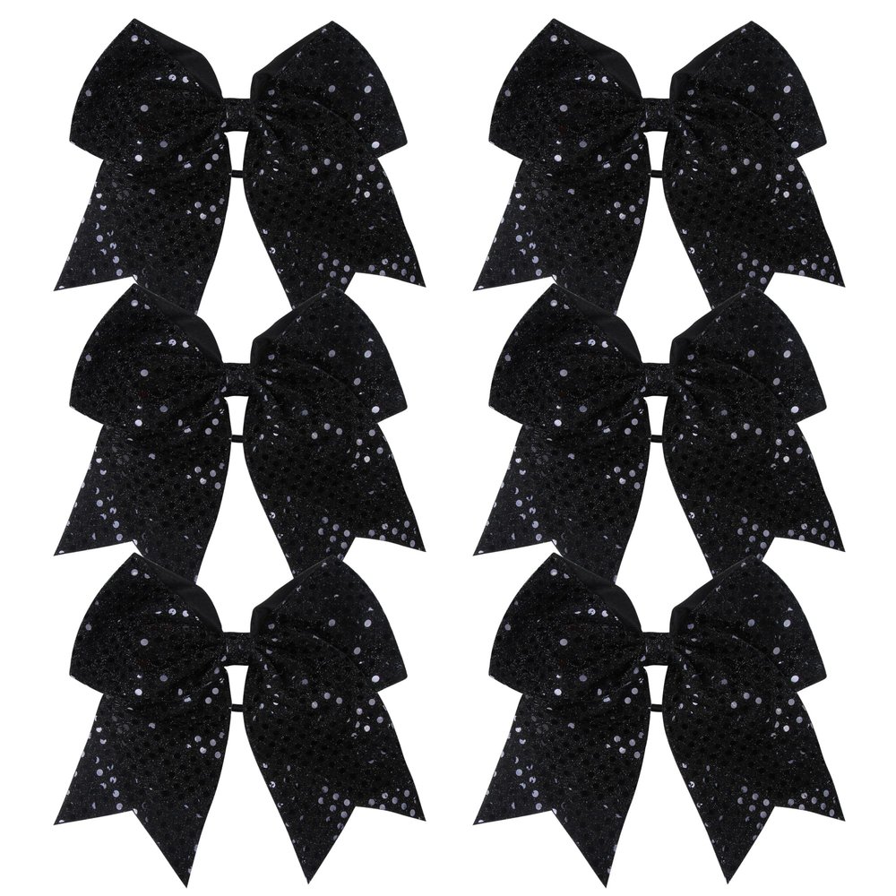 8 Inch Cheer Bows Cheerleader Ponytail Holder with Bling Fling Sequin Hair Tie Cheerleading Bows 6 Pcs (Black)