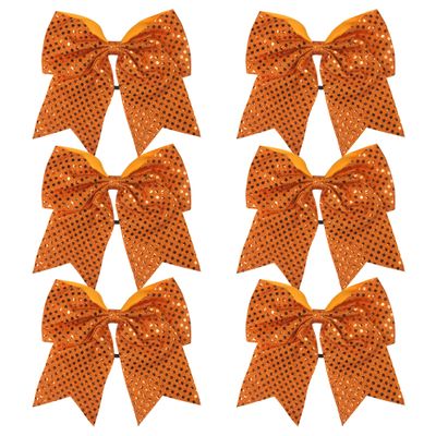 8 Inch Cheer Bows Cheerleader Ponytail Holder with Bling Fling Sequin Hair Tie Cheerleading Bows 6 Pcs (Orange)