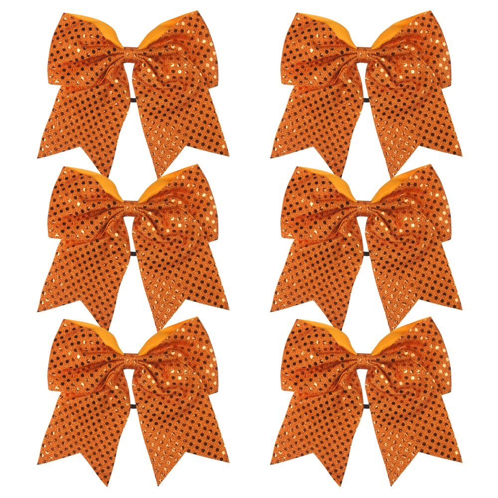8 Inch Cheer Bows Cheerleader Ponytail Holder with Bling Fling Sequin Hair Tie Cheerleading Bows 6 Pcs (Orange)