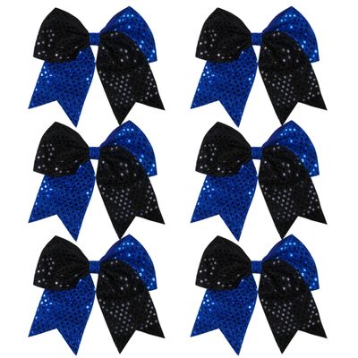8 Inch 2 Color Cheer Bows Cheerleader Ponytail Holder with Bling Fling Sequin Hair Tie Cheerleading Bows 6 Pcs (Royal Blue/Black)