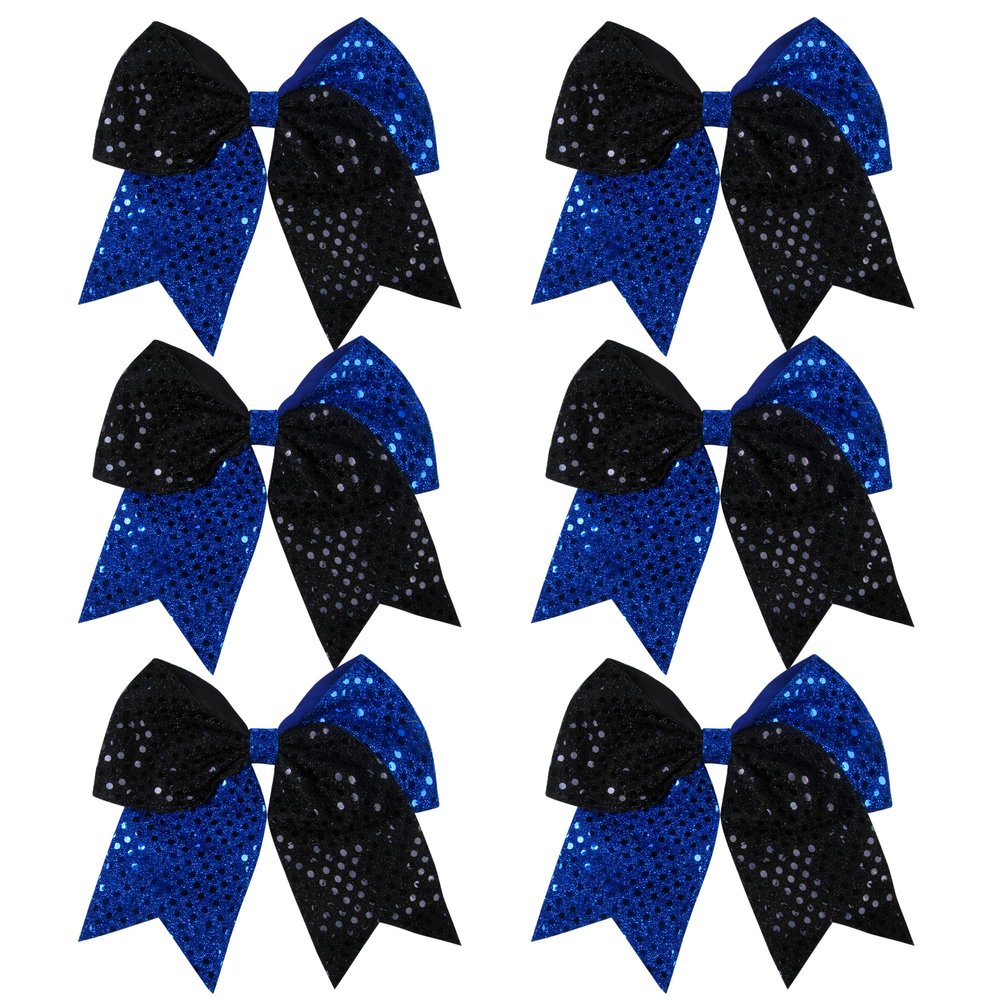 8 Inch 2 Color Cheer Bows Cheerleader Ponytail Holder with Bling Fling Sequin Hair Tie Cheerleading Bows 6 Pcs (Royal Blue/Black)