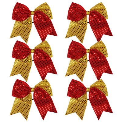 8 Inch 2 Color Cheer Bows Cheerleader Ponytail Holder with Bling Fling Sequin Hair Tie Cheerleading Bows 6 Pcs (Red/Gold)