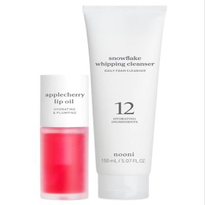 NOONI Korean Vegan Lip Oil - Applecherry 0.12 Fl Oz + Korean Facial Clenaser - Snowflake Whipping Cleanser 5.07 Fl Oz Bundle