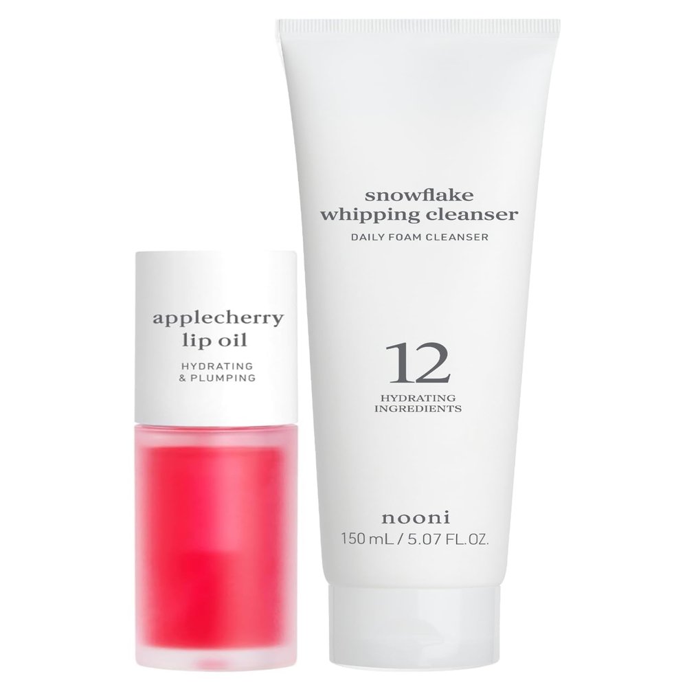 NOONI Korean Vegan Lip Oil - Applecherry 0.12 Fl Oz + Korean Facial Clenaser - Snowflake Whipping Cleanser 5.07 Fl Oz Bundle