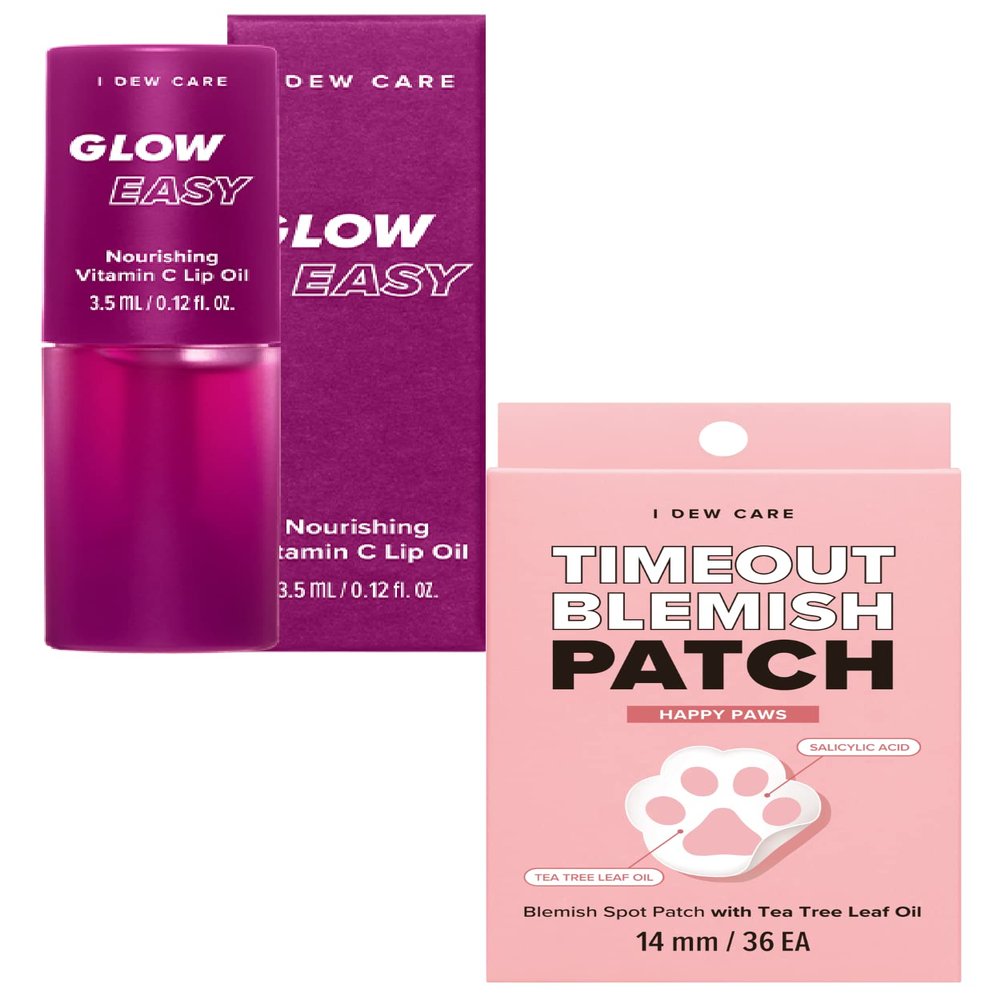 I Dew Care Hydrocolloid Acne Pimple Patch - Timeout Blemish Happy Paws, 36 Count + Lip Oil Gloss - Glow Easy, 0.12 Fl Oz Bundle
