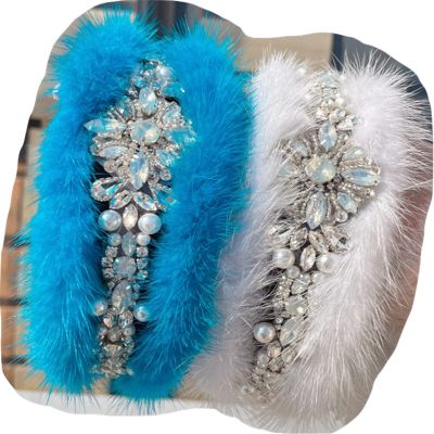 FURINFASHION MY-18 FURINFASHION MY-18 Real Mink Fur Head Band For Women With Shiny Rhinestone Crystal Fairy Hair Accessories Furry luxury Hair Band Accessories Fuzzy Crown (One Size, Lagoon Blue)