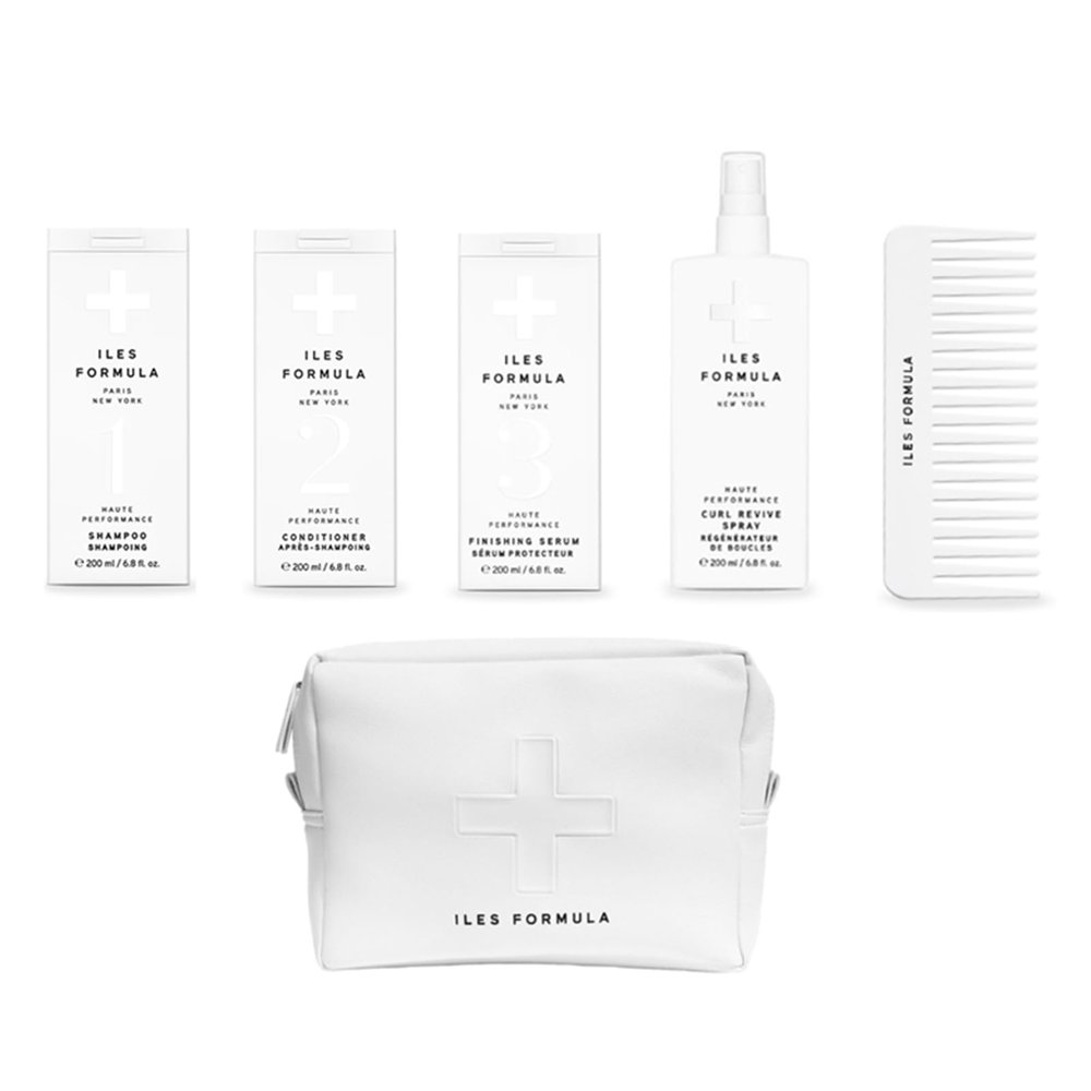 ILES FORMULA Extension Pack Shampoo + Conditioner + Finishing Serum + Curl Revive Spray & Conditioner Distribution Comb in Faux Leather Beauty Bag (6-Piece Set) - Sulfate, Silicone & Paraben Free