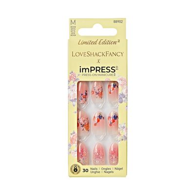 KISS LoveShackFancy x imPRESS Press-On Manicure Limited Edition, Style "Citrus Candy" Medium Almond Pink Press-On Nails, Includes Prep Pad, Mini Nail File, Cuticle Stick, & 30 Fake Nails