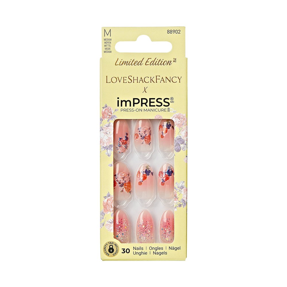 KISS LoveShackFancy x imPRESS Press-On Manicure Limited Edition, Style "Citrus Candy" Medium Almond Pink Press-On Nails, Includes Prep Pad, Mini Nail File, Cuticle Stick, & 30 Fake Nails