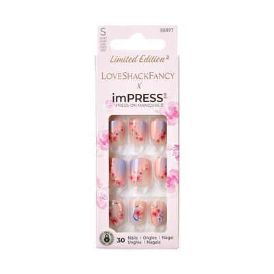 KISS LoveShackFancy x imPRESS Press-On Manicure Limited Edition, Style "Sunkissed Peach" Short Square Pink Press-On Nails, Includes Prep Pad, Mini Nail File, Cuticle Stick, & 30 Fake Nails