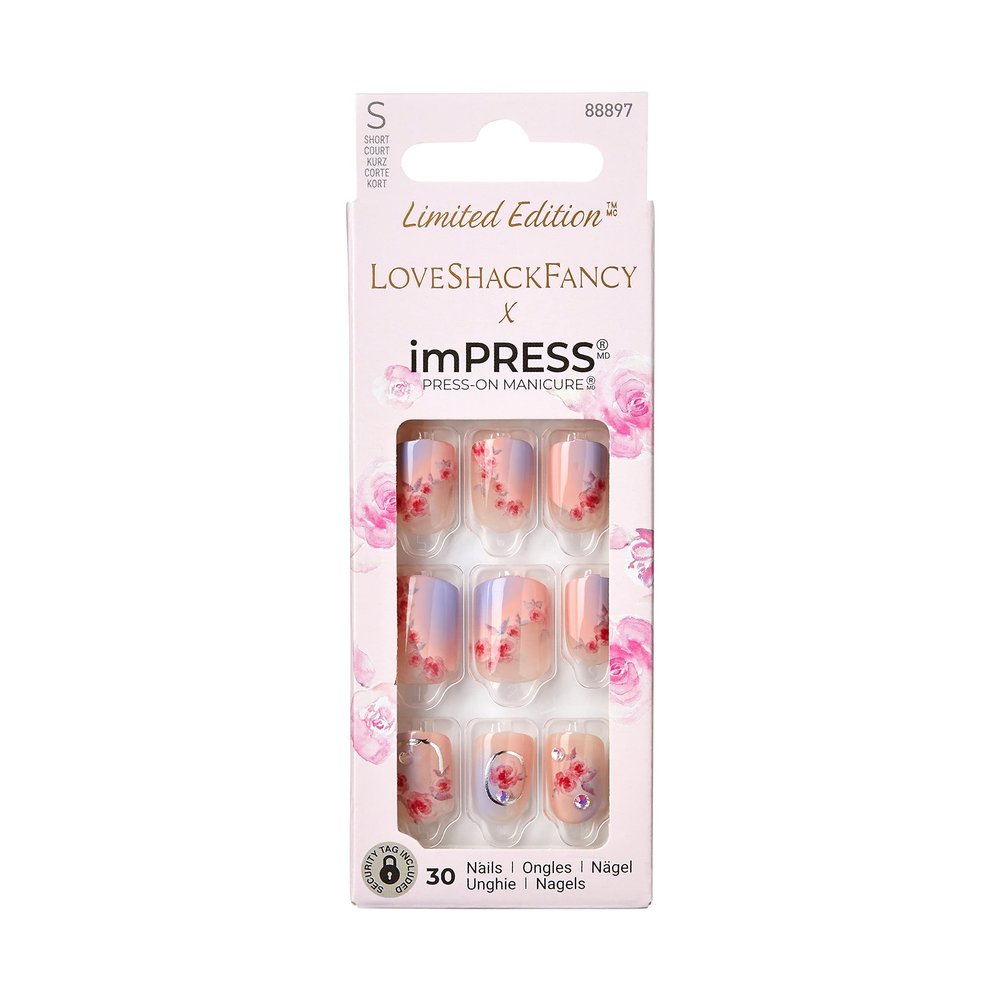 KISS LoveShackFancy x imPRESS Press-On Manicure Limited Edition, Style "Sunkissed Peach" Short Square Pink Press-On Nails, Includes Prep Pad, Mini Nail File, Cuticle Stick, & 30 Fake Nails