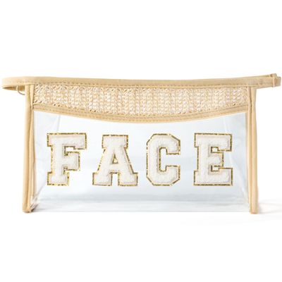 Belanttega Boho Patch Face Cosmetic Bag - Summer FACE Chenille Varsity Toiletry Makeup Bag Beige Letter Clear Waterproof Travel PVC Zipper Clutch Daily Use Purse Summer Beach Pool Pouch for Women Girl
