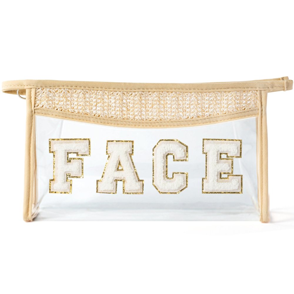 Belanttega Boho Patch Face Cosmetic Bag - Summer FACE Chenille Varsity Toiletry Makeup Bag Beige Letter Clear Waterproof Travel PVC Zipper Clutch Daily Use Purse Summer Beach Pool Pouch for Women Girl