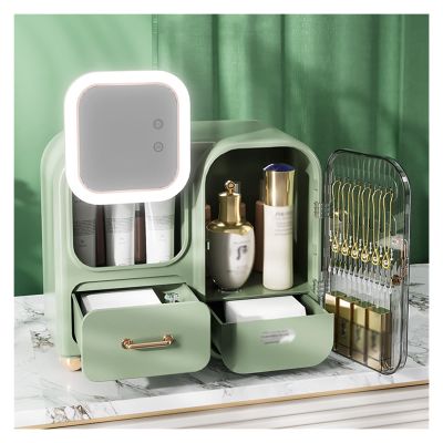 WIGSELBL Multi-Function Case Cosmetic Storage Box with LED Light,Cosmetics Skin Care Products Jewelry Organizer Case Finishing Box Bedroom Desktop,Portable Skincare Organizers (Color : Green)
