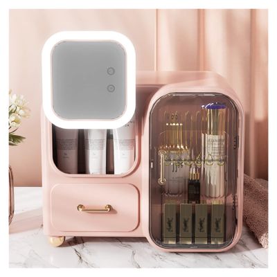 WIGSELBL Multi-Function Case Cosmetic Storage Box with LED Light,Cosmetics Skin Care Products Jewelry Organizer Case Finishing Box Bedroom Desktop,Portable Skincare Organizers (Color : Pink)