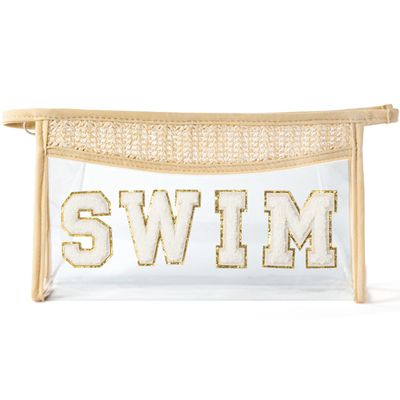 Belanttega Boho Patch Cosmetic Bag - Summer SWIM Chenille Varsity Letter Toiletry Kit Beige Clear Waterproof Travel Makeup Bag PVC Zipper Clutch Daily Use Purse Summer Gift for Women Girls