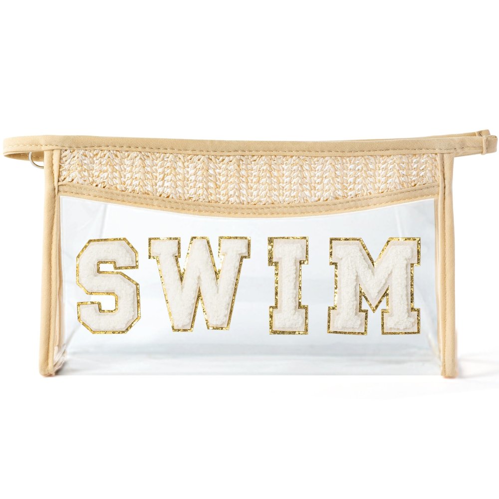 Belanttega Boho Patch Cosmetic Bag - Summer SWIM Chenille Varsity Letter Toiletry Kit Beige Clear Waterproof Travel Makeup Bag PVC Zipper Clutch Daily Use Purse Summer Gift for Women Girls