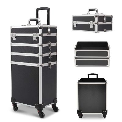 CAMORSA 4 in 1 Rolling Makeup Train Case, Large Storage Cosmetic Trolley Makeup Travel Case with Key & Wheels Salon Barber Case Traveling Cart Trunk (Black) (0057)