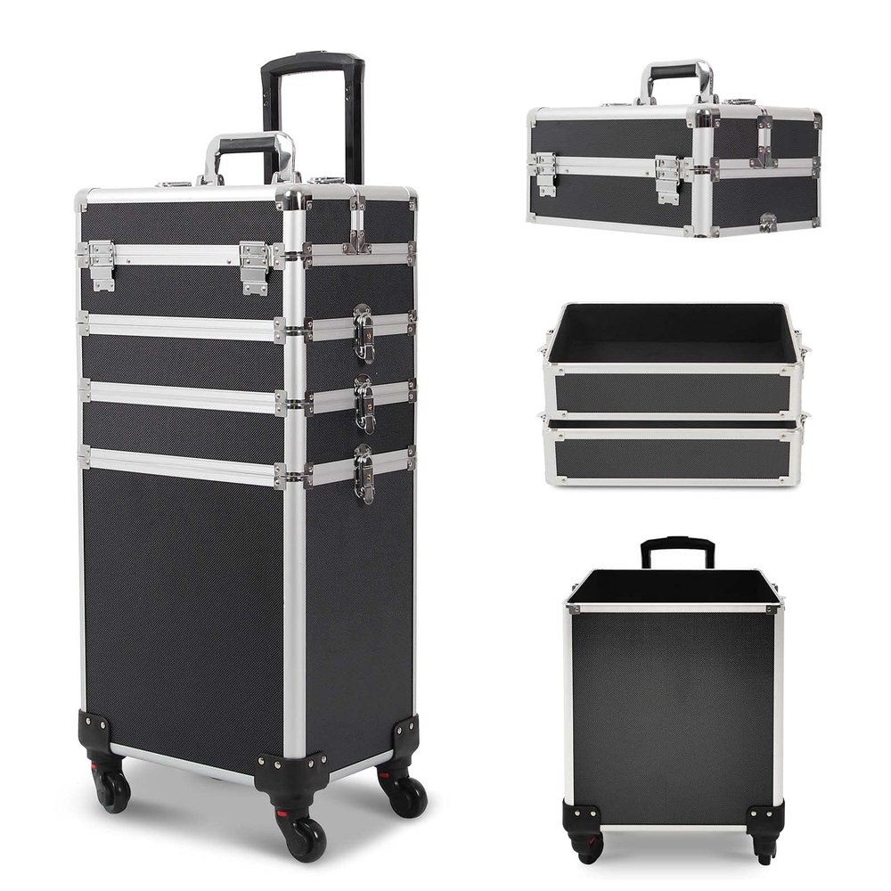 CAMORSA 4 in 1 Rolling Makeup Train Case, Large Storage Cosmetic Trolley Makeup Travel Case with Key & Wheels Salon Barber Case Traveling Cart Trunk (Black) (0057)